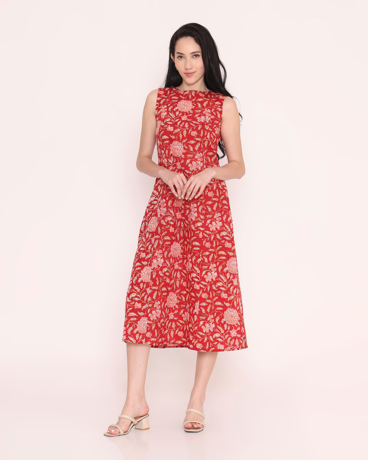 Red block print cotton dress