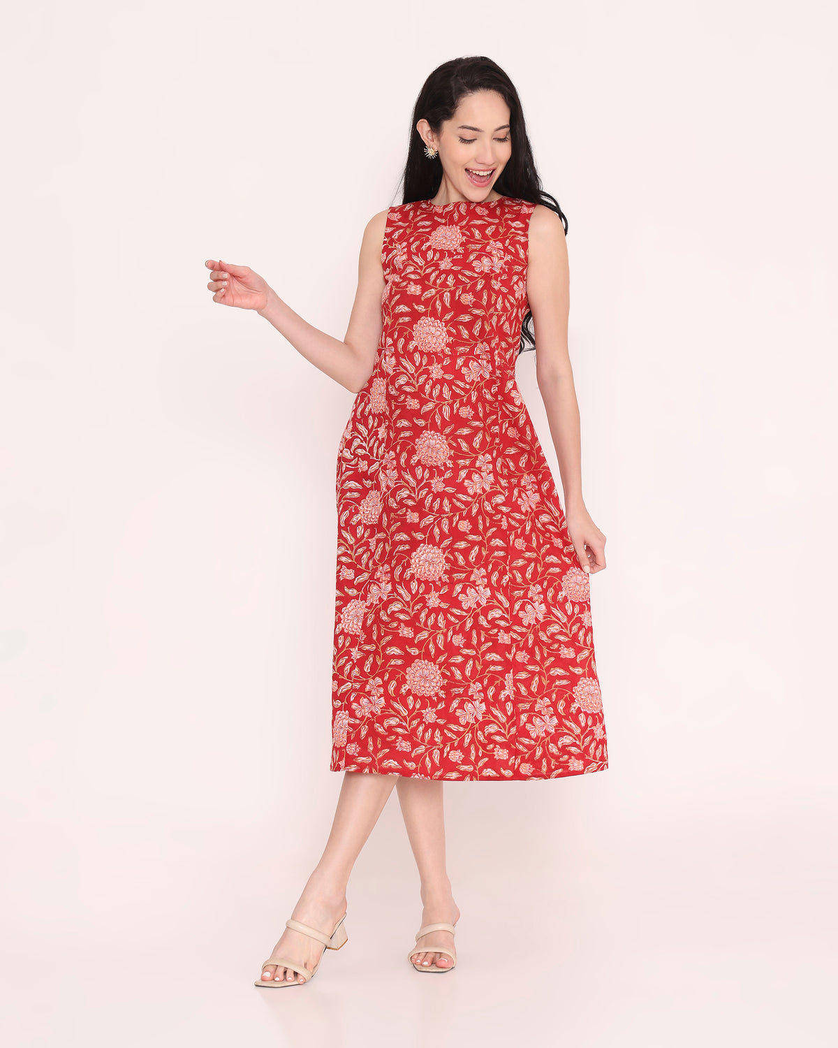 Red block print cotton dress