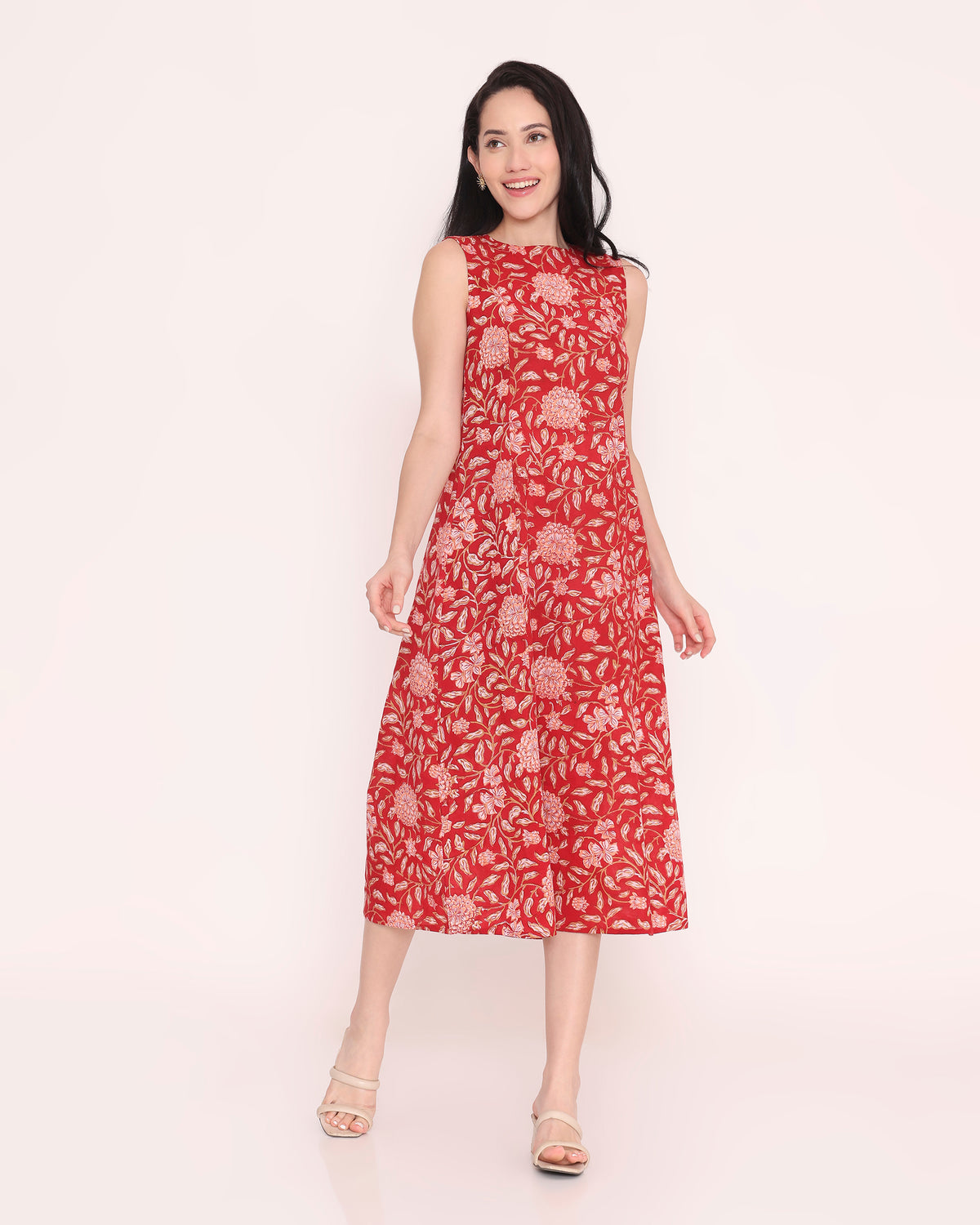 Red block print cotton dress