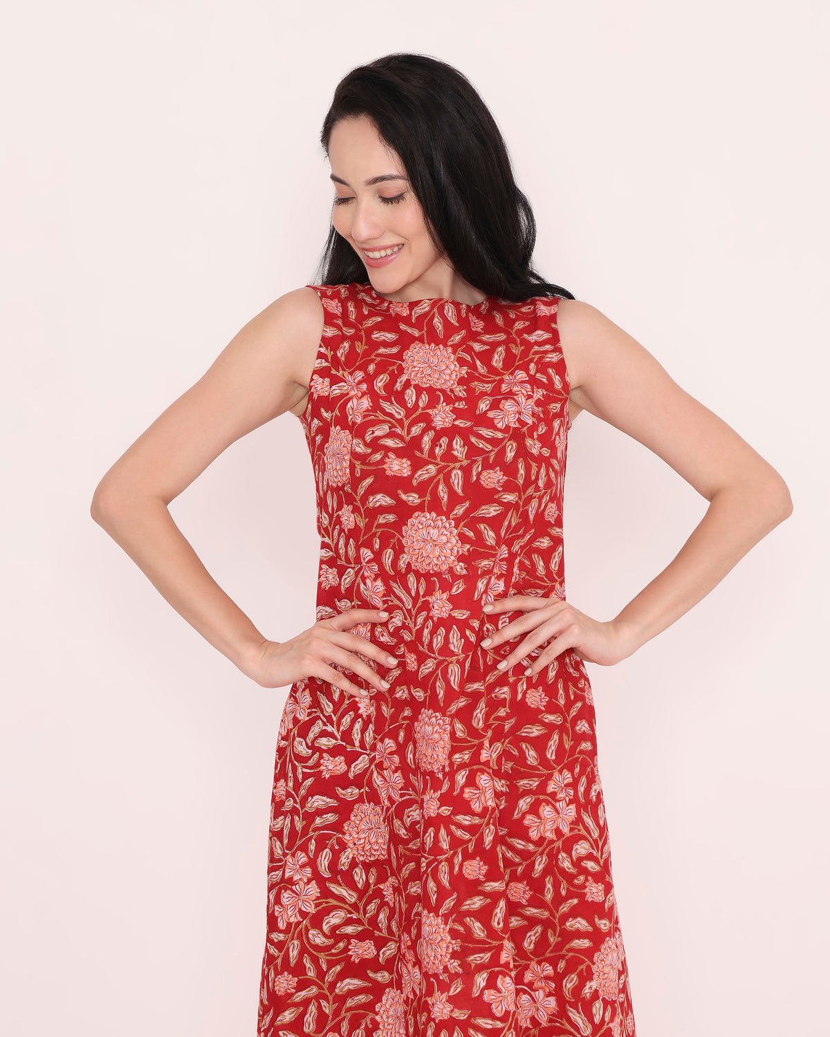 Red block print cotton dress