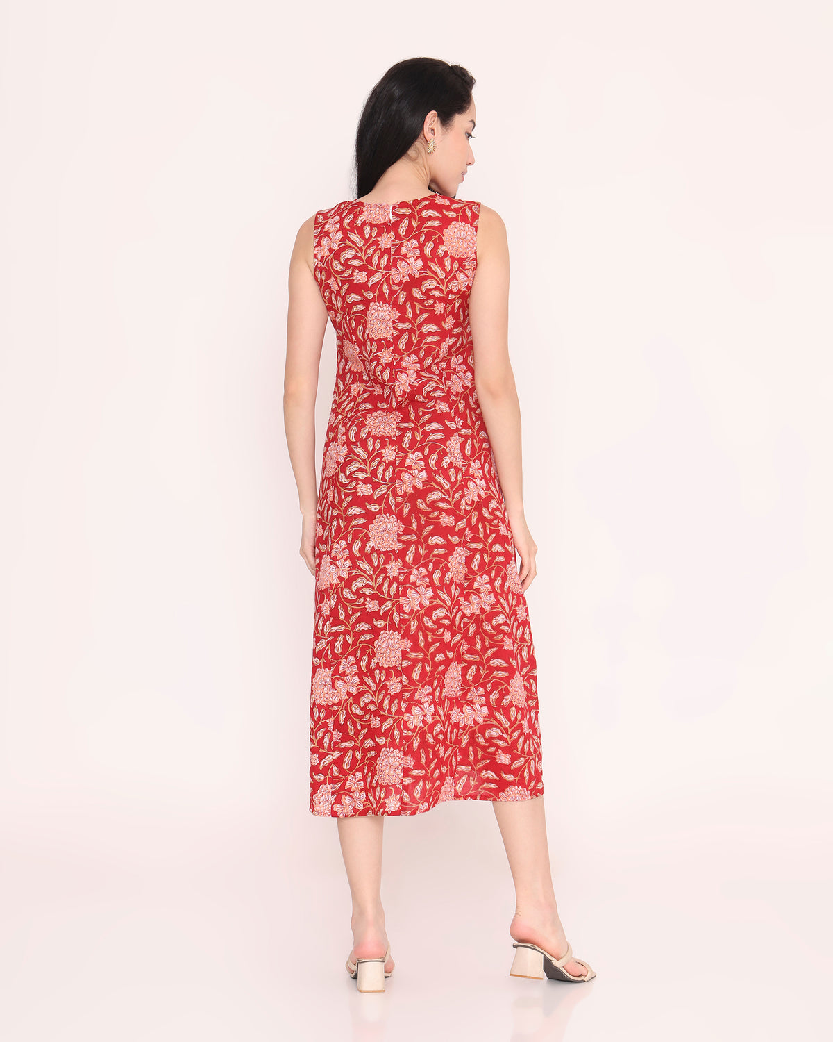 Red block print cotton dress