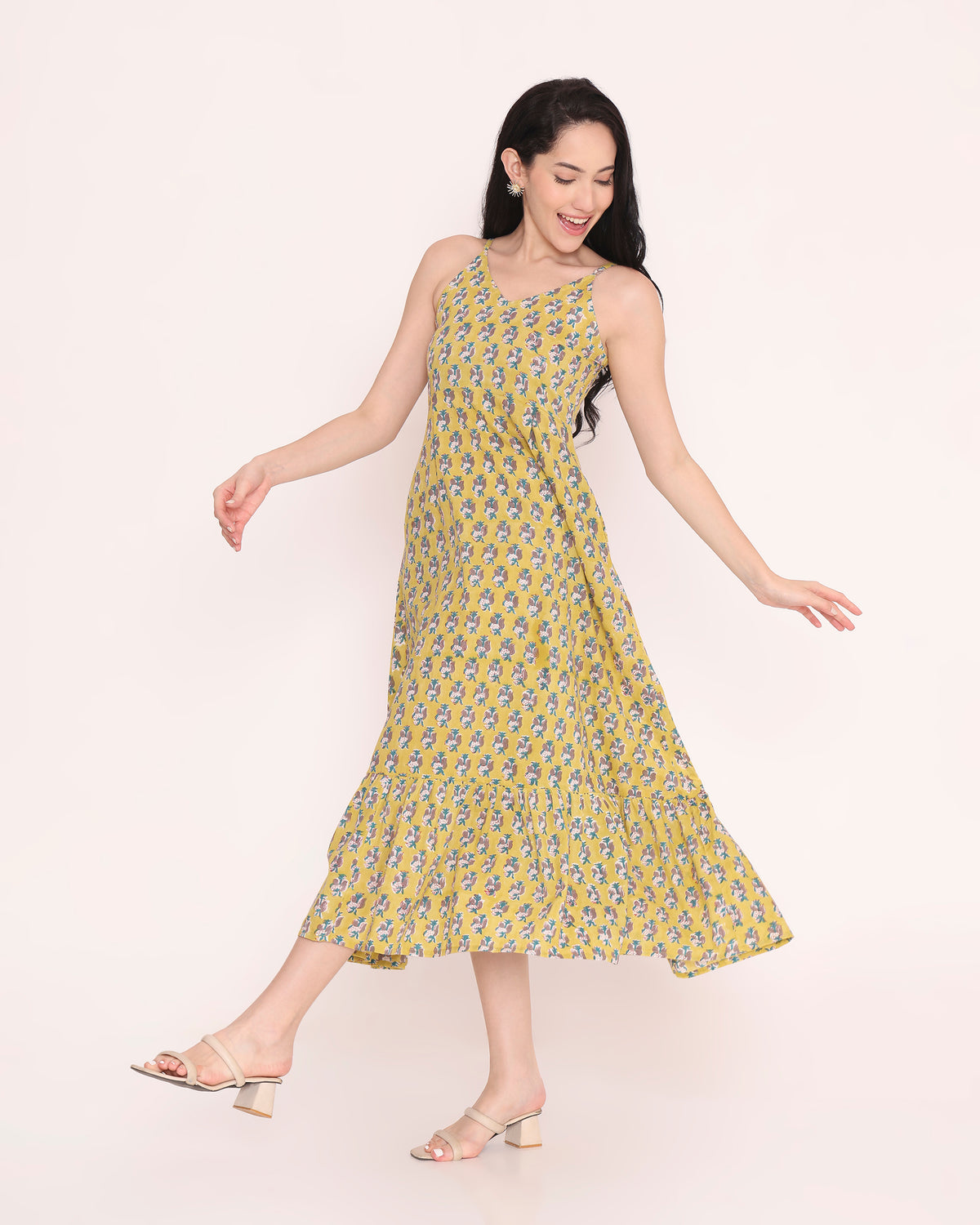 Yellow block print cotton dress