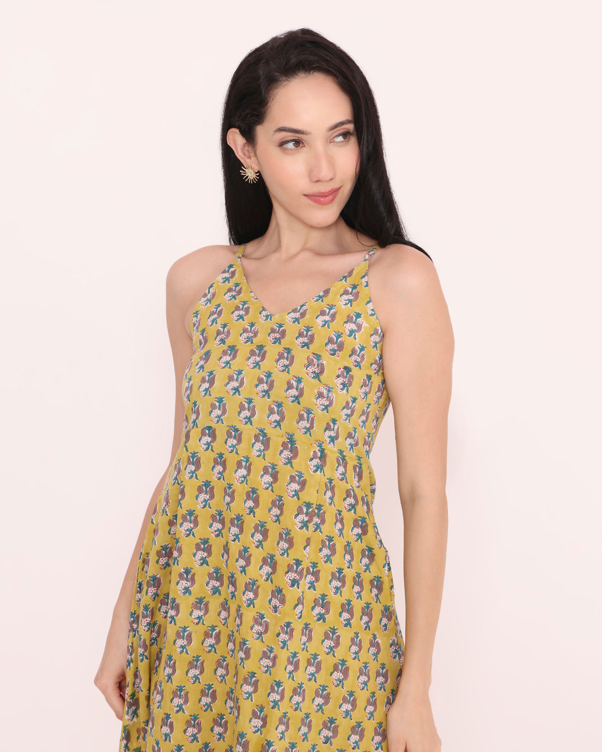 Yellow block print cotton dress