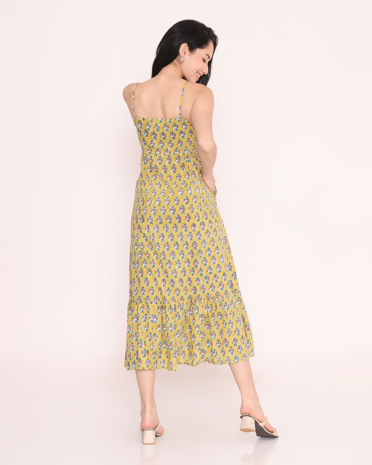 Yellow block print cotton dress