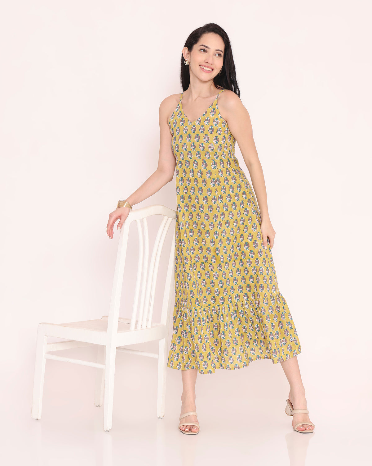 Yellow block print cotton dress